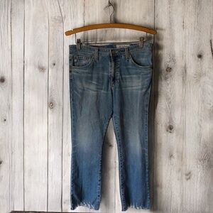 AG Adriano Goldschmied blue aged distressed frayed ankle stretch denim jeans 29